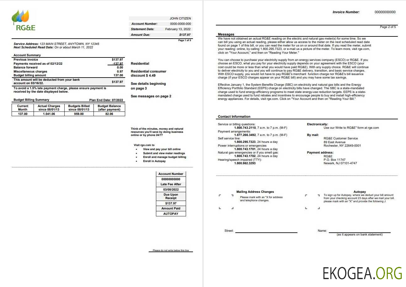 USA RG&E utility bill template in Word and PDF format (2 pages) 1 2